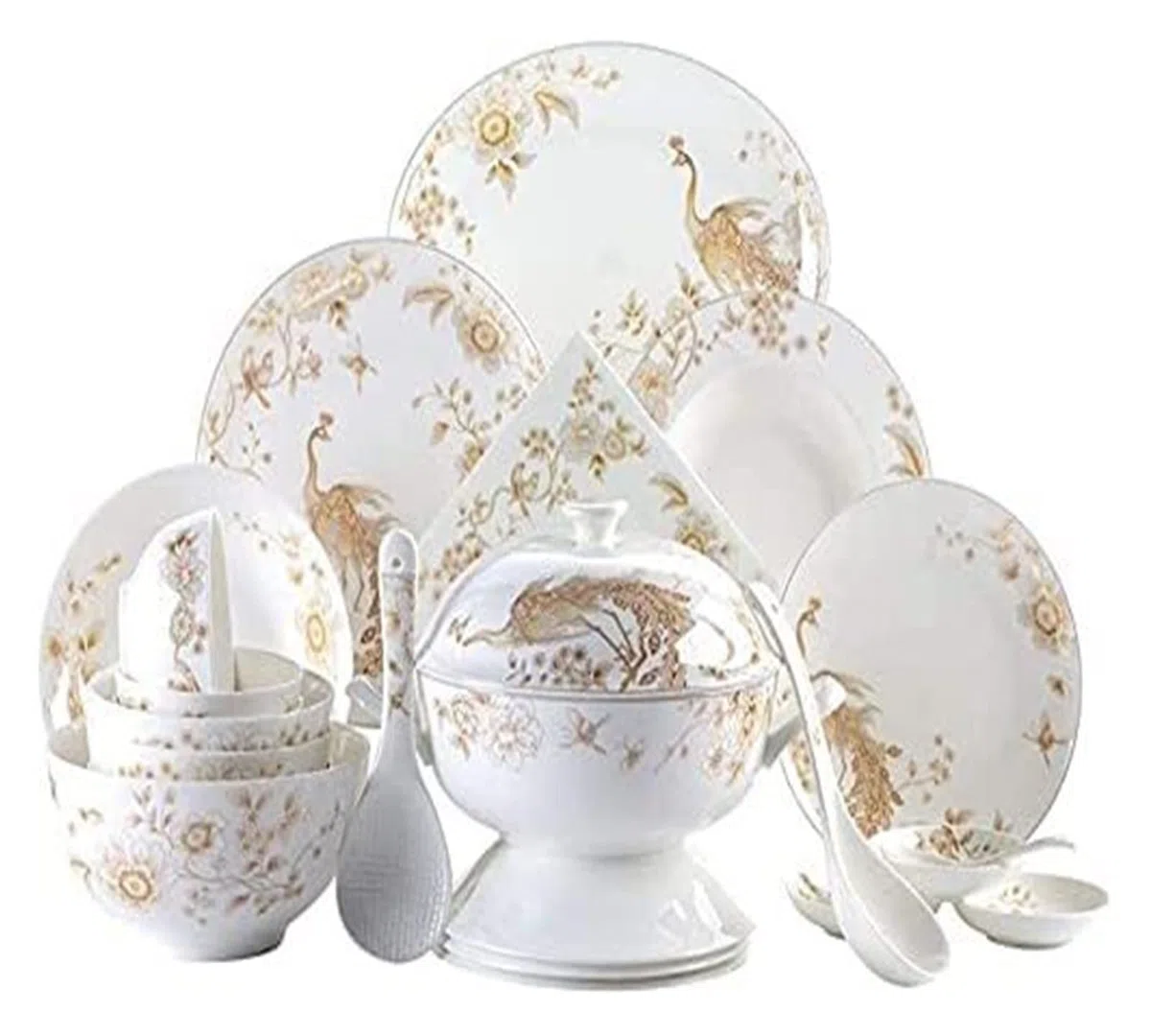 Geschirr-Set, luxuriöses Tafelservice-Set für die ganze Familie, 50-teiliges Tafelservice aus weißem und goldenem Knochenporzellan, Tischplatten aus knochenweißem Porzellan, rundes Tafelservice für 1