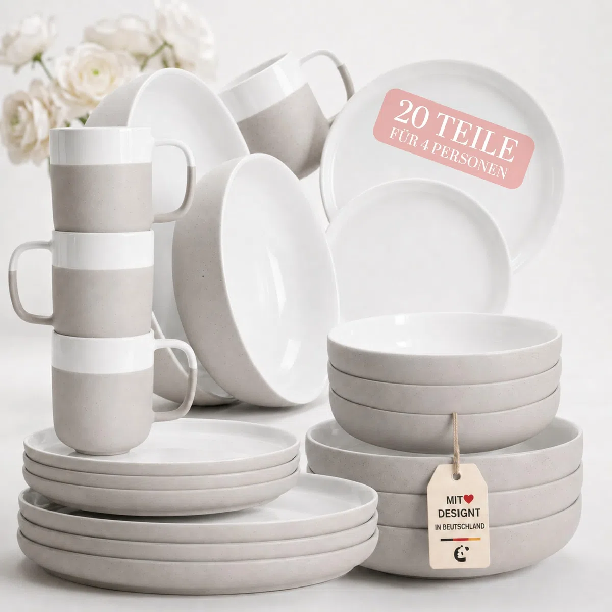 Geschirrset 20-teilig für 4 Personen, Keramik, Pure White