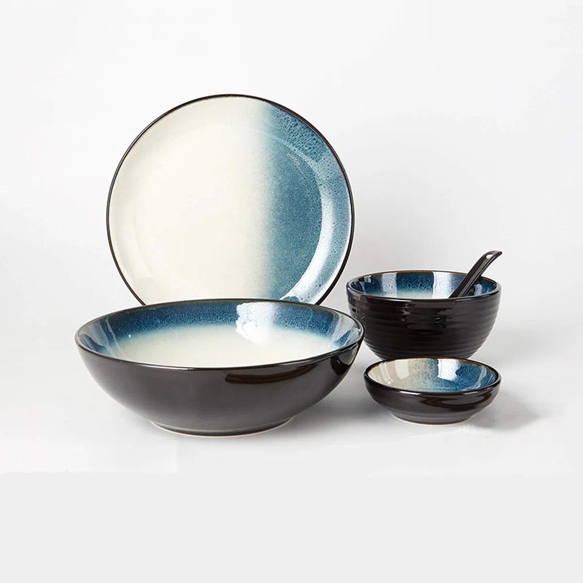 Haushaltsgeschirr-Set, einfache Keramik-Essteller, 5er-Set, langlebiges Keramik-Geschirr-Set, Teller, Schüsseln, Snackteller, Löffel