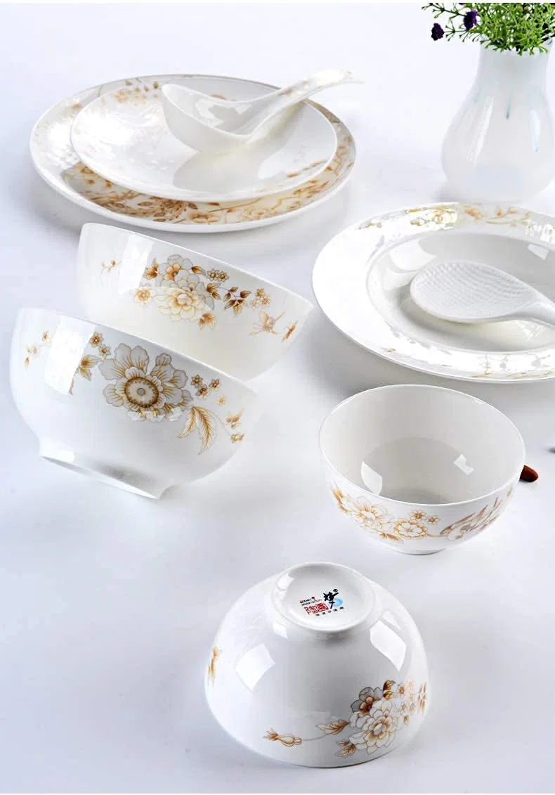 Geschirr-Set, luxuriöses Tafelservice-Set für die ganze Familie, 50-teiliges Tafelservice aus weißem und goldenem Knochenporzellan, Tischplatten aus knochenweißem Porzellan, rundes Tafelservice für 1