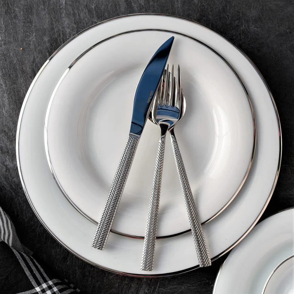 VILLA ITALIA Speiseeservice Porzellan Tafel - Set für 6 Personen Geschirrset - Tafelgeschirr - Teller tief - Dessertteller - PLUS PLATIN NZ137