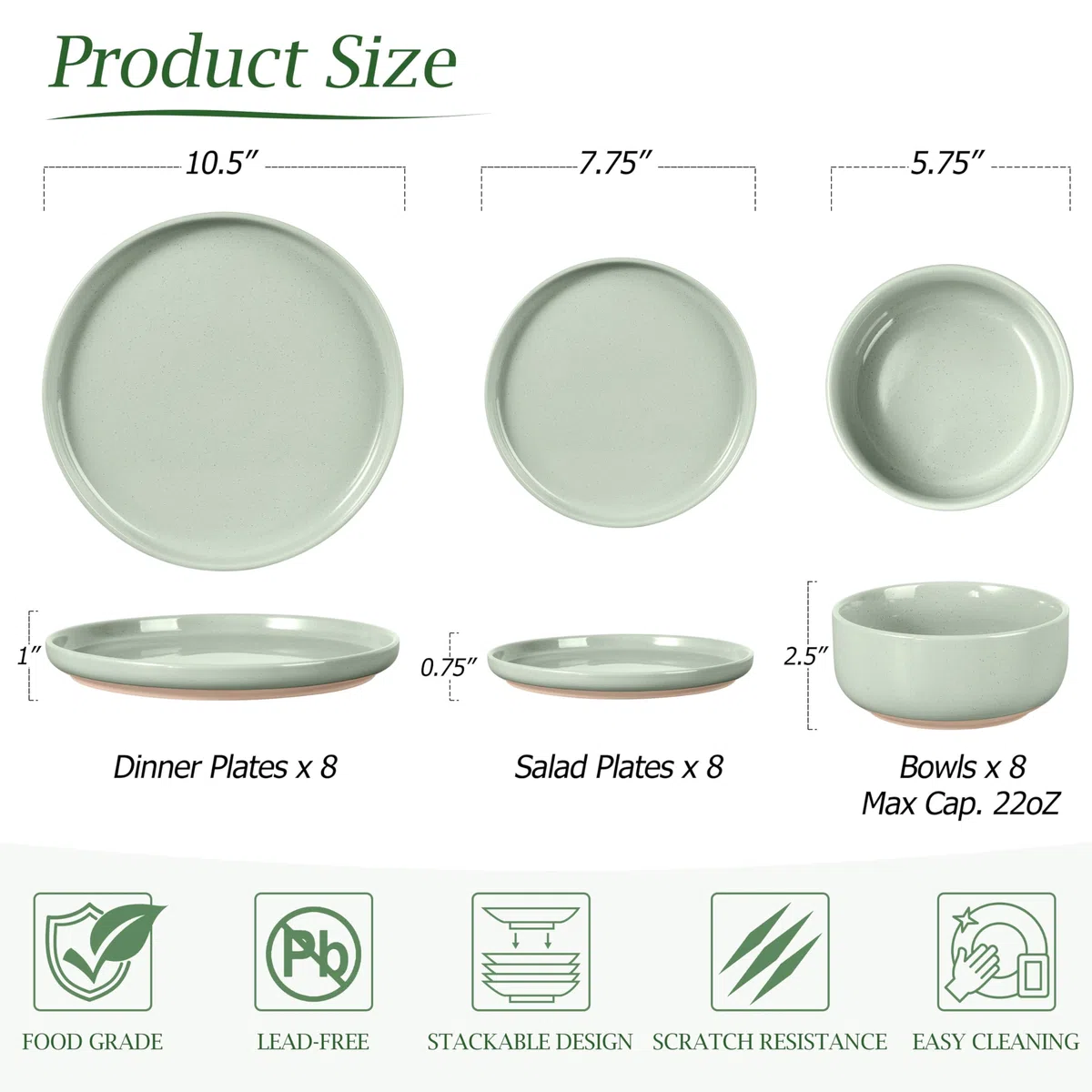 LIANYU Teller und Schüssel-Sets für 8, 24-teiliges Porzellan-Geschirr-Set, Porzellangeschirr für Mikrowelle, Geschirrspüler, Backofen, Hochtemperaturbeständig, Nebelgrün
