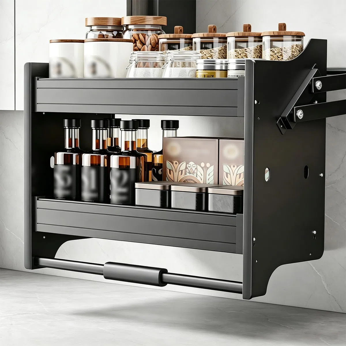 Wandschrank-Aufbewahrungssystem für die Küche – ausziehbares Regal mit Vier Einstellpositionen und dreistufigem Soft-Close-Mechanismus – platzsparend für Küche und Bad