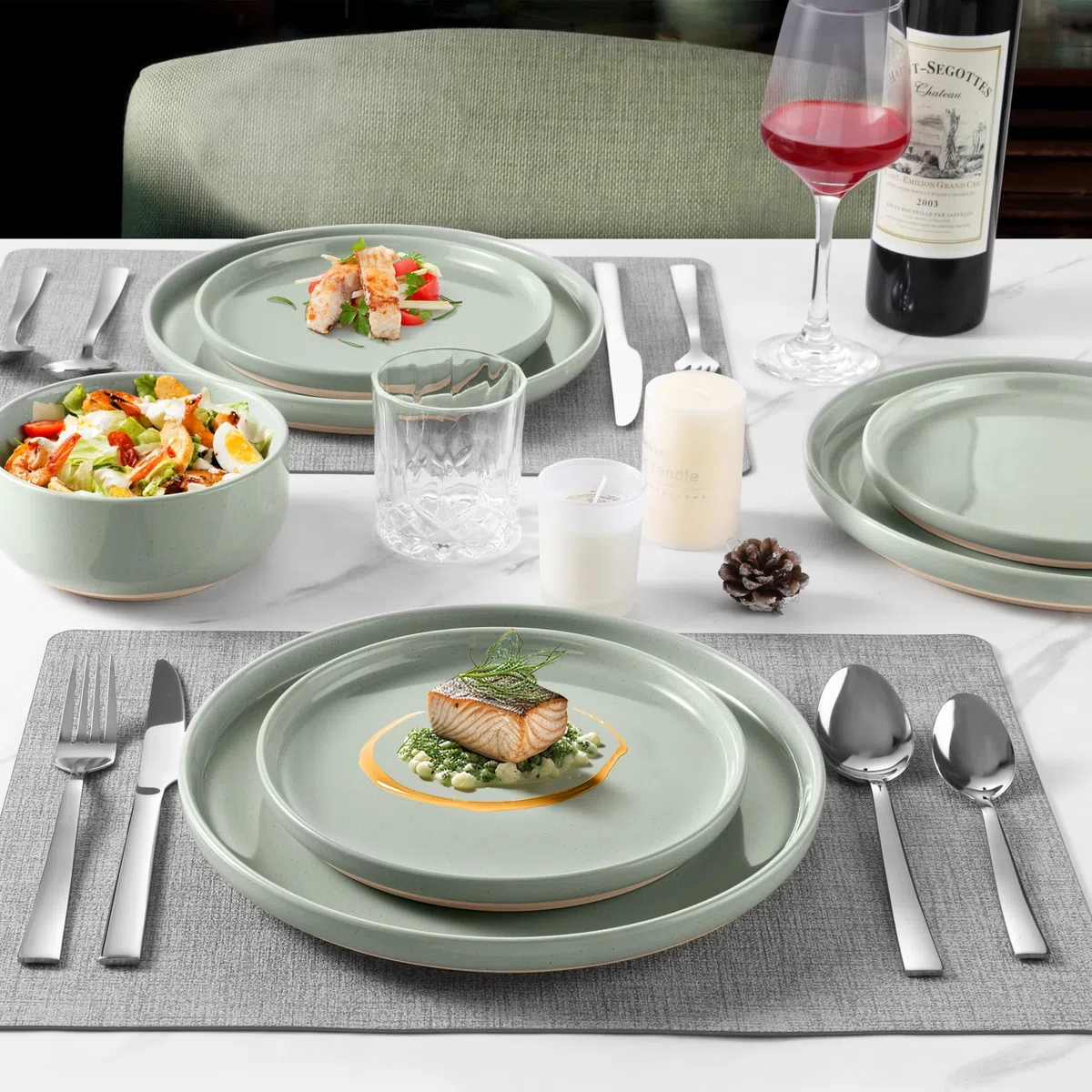 LIANYU Teller und Schüssel-Sets für 8, 24-teiliges Porzellan-Geschirr-Set, Porzellangeschirr für Mikrowelle, Geschirrspüler, Backofen, Hochtemperaturbeständig, Nebelgrün