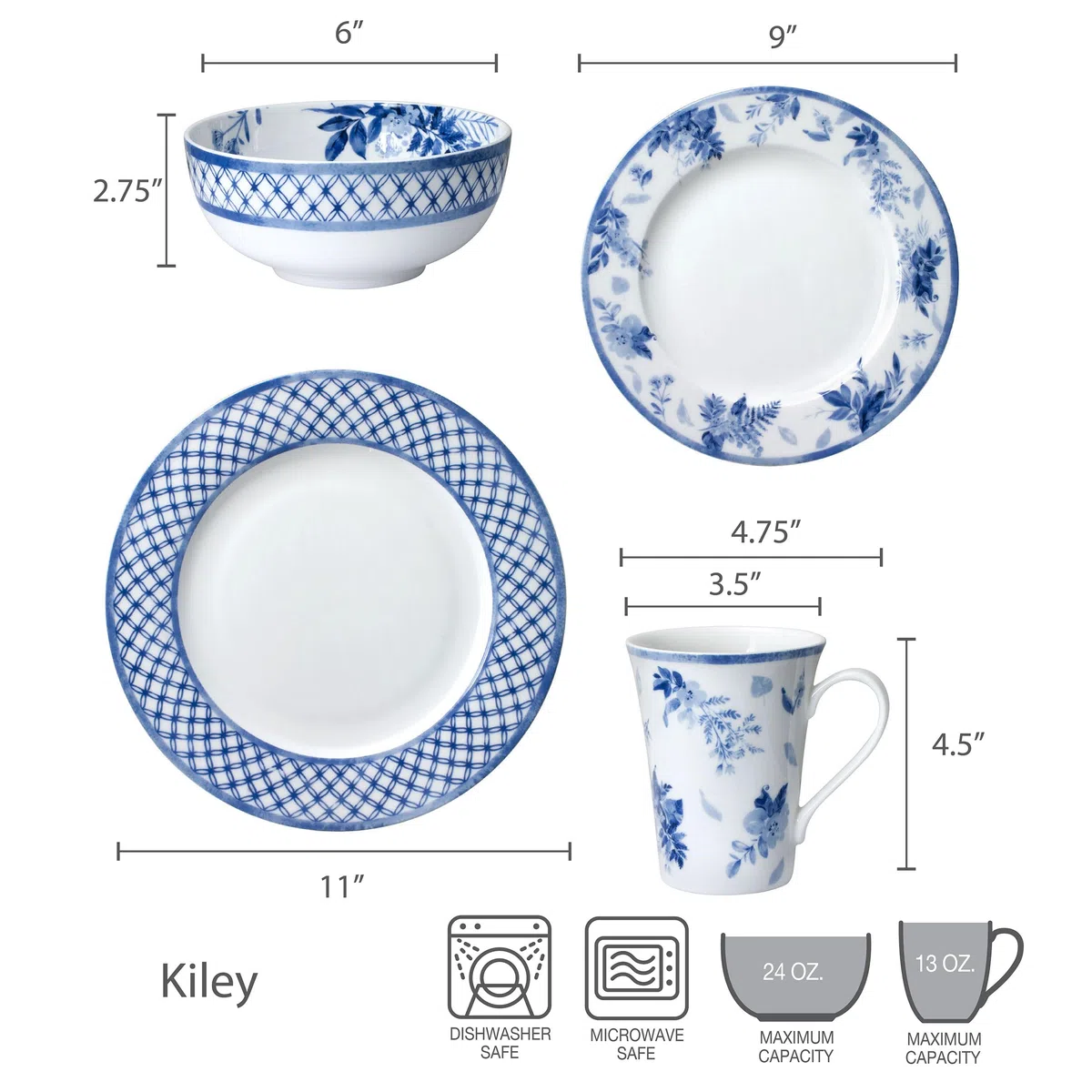 Mikasa Kiley Geschirr-Set, splitterfest, 16-teilig, Blau und Weiß