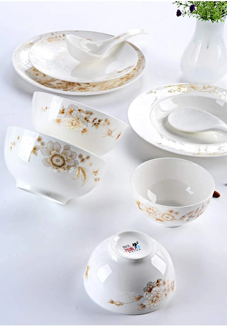 Geschirrset für Zuhause oder besondere Restaurants, 50-teiliges Porzellangeschirr-Set in Weiß & Gold Tischplatten Bone White Porzellan Rundgeschirr-Sammlungsservice für 10