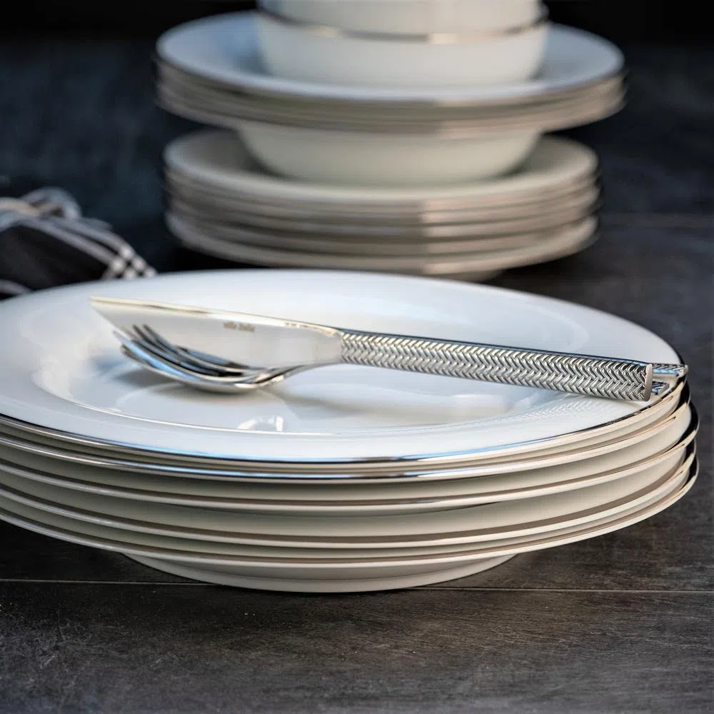 VILLA ITALIA Speiseeservice Porzellan Tafel - Set für 6 Personen Geschirrset - Tafelgeschirr - Teller tief - Dessertteller - PLUS PLATIN NZ137