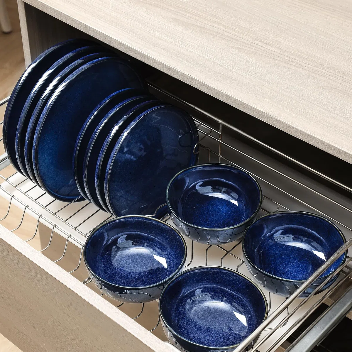 Vicrays Keramik-Geschirr-Set, 12-teilig, Speiseteller, Salatteller, Müslischalen, Set für 4 Personen, kratzfest, mikrowellengeeignet, spülmaschinenfest, Blau