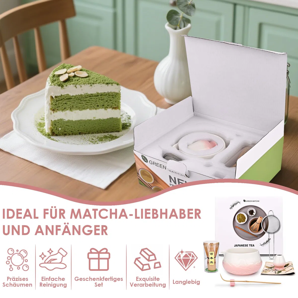 Matcha Set, 7-teiliges Traditionelles Matchas Set mit Matcha Schale, Besen, Löffel & Sieb, Matcha Set Rosa für Matcha Latte, Milchkaffee & Japanische Teezeremonie, Hochwertiges Zubehörset