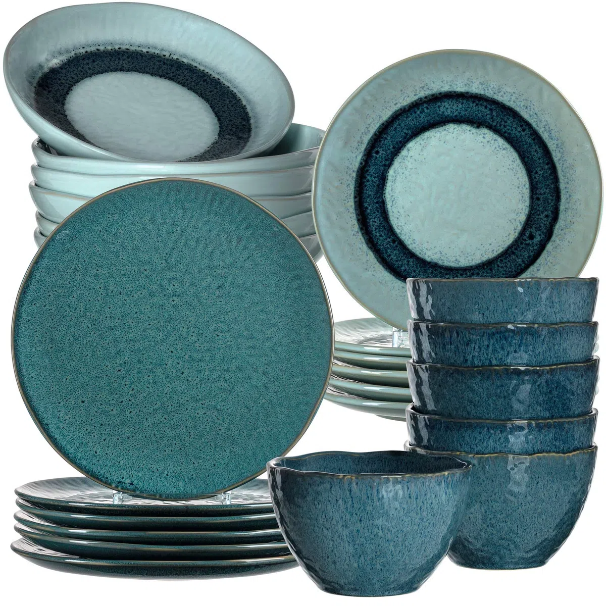 Leonardo Matera Steingut Geschirrset, 24 teilig, Teller, Schalen, spülmaschinengeeignetes Tafel-Service für 6 Personen, 980 ml, Ø 20,7, 22,5 & 27 cm, blau, 026059