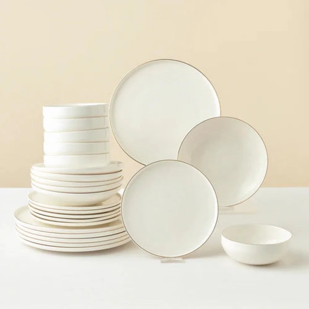 Karaca Stream Bone Meridian - Bone China Porzellan Geschirrset für 6 Personen Modern Teller Set 24-teilig mit Servierteller, Suppenteller, Speiseteller und Essteller, Tafelservice - Weiß