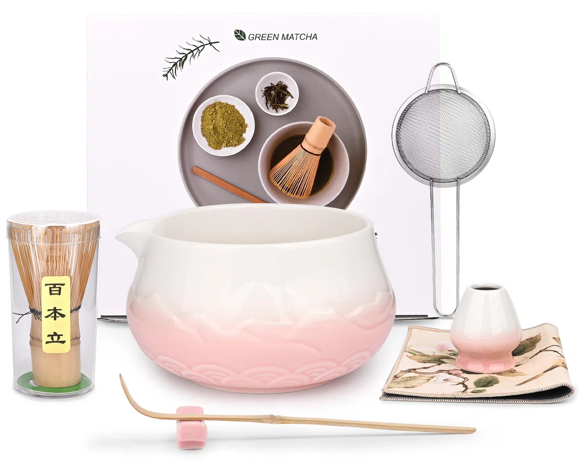 Matcha Set, 7-teiliges Traditionelles Matchas Set mit Matcha Schale, Besen, Löffel & Sieb, Matcha Set Rosa für Matcha Latte, Milchkaffee & Japanische Teezeremonie, Hochwertiges Zubehörset