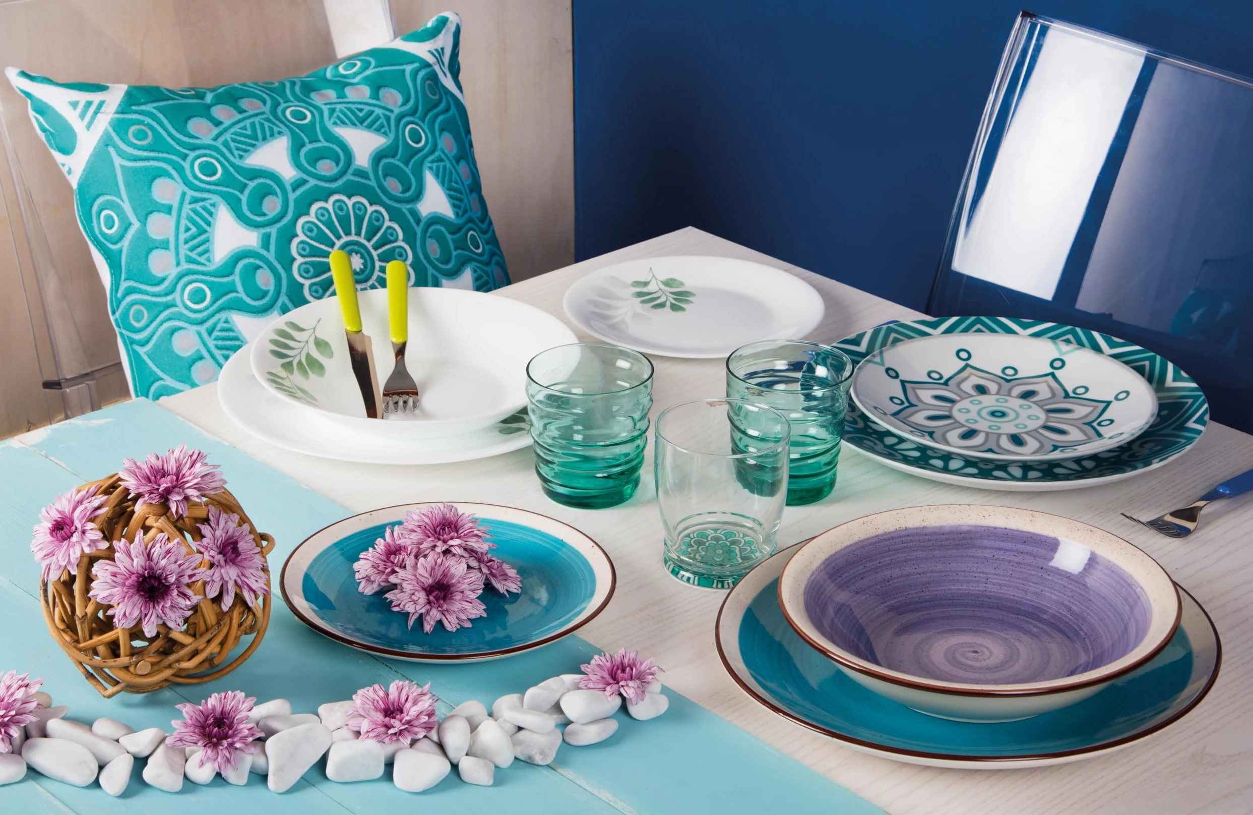 Excelsa Mandala, Tellerservice, 18-teilig, Porzellan, Hellblau/Grau