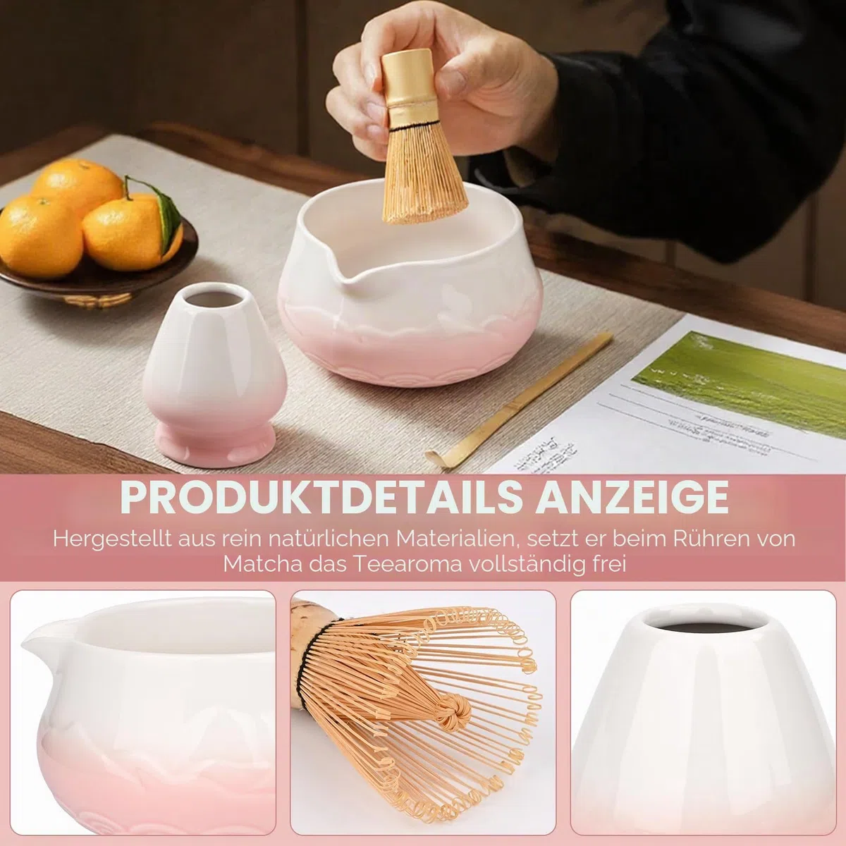 Matcha Set, 7-teiliges Traditionelles Matchas Set mit Matcha Schale, Besen, Löffel & Sieb, Matcha Set Rosa für Matcha Latte, Milchkaffee & Japanische Teezeremonie, Hochwertiges Zubehörset