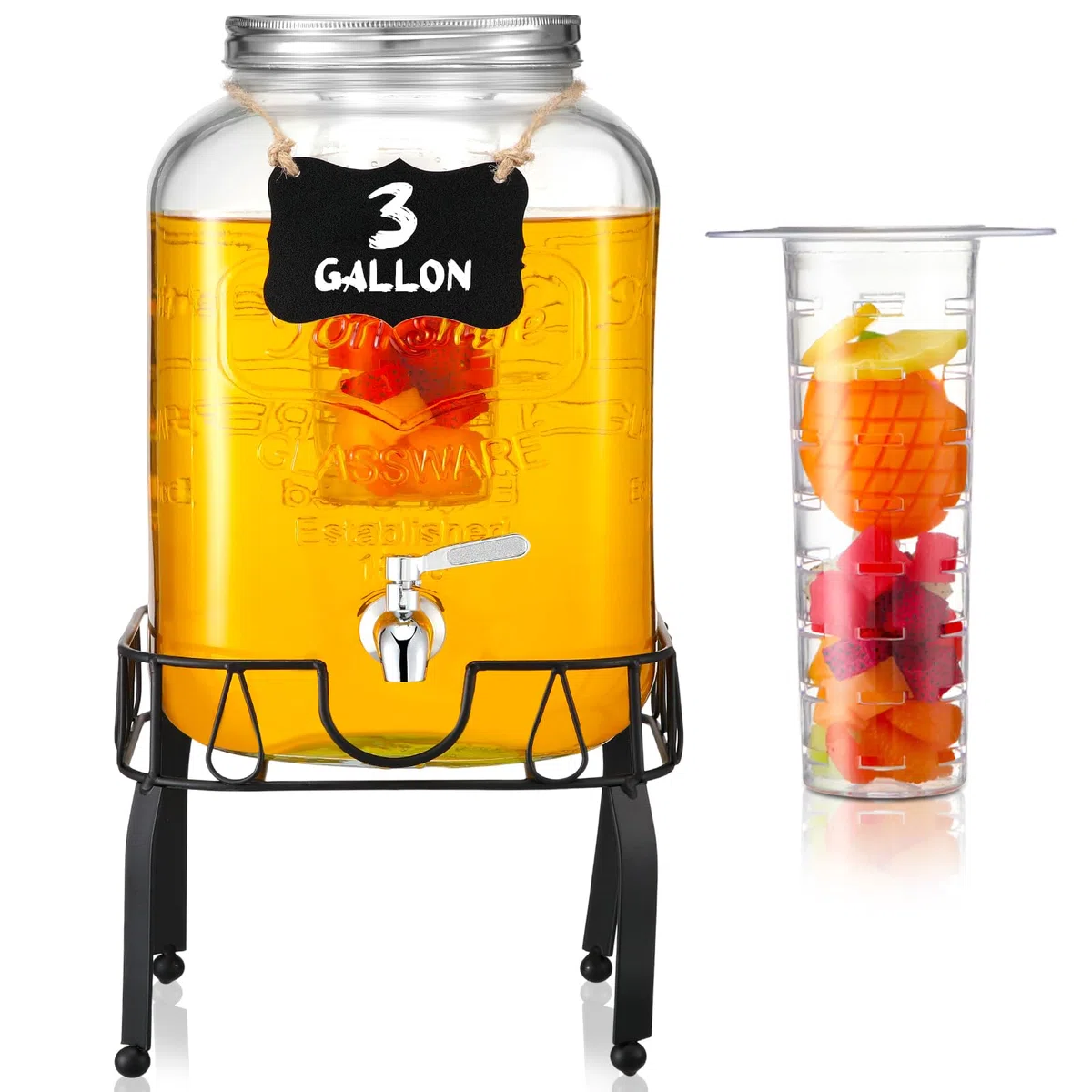 FillTouch Getränkespender mit Ständer, Glas, Getränkespender mit Deckel, 18/8 Edelstahl, Zapfhahn für Picknicks, Grillen, Partys und den Alltag (Kreidetafel-Stil, Metallständer)