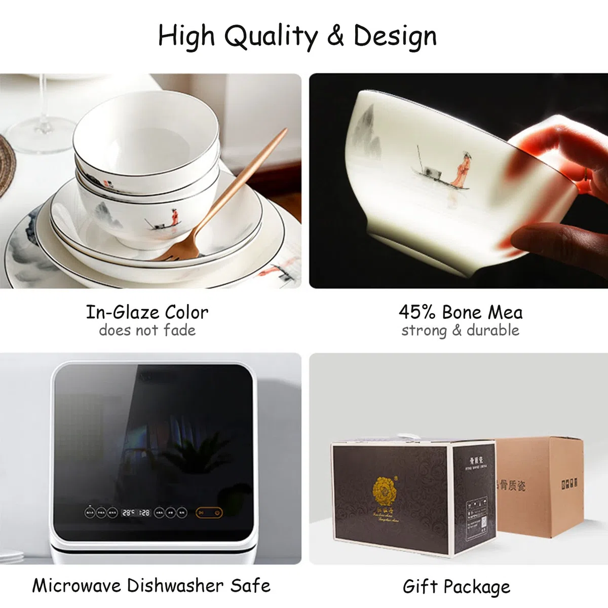 60-Teiliges Geschirrset, Neues Bone China Geschirrset, Porzellan-Geschirrset, Kombi-Set Mit Tellern, Schüsseln, Löffeln Und Suppentopf, Feines Porzellan-Geschirr
