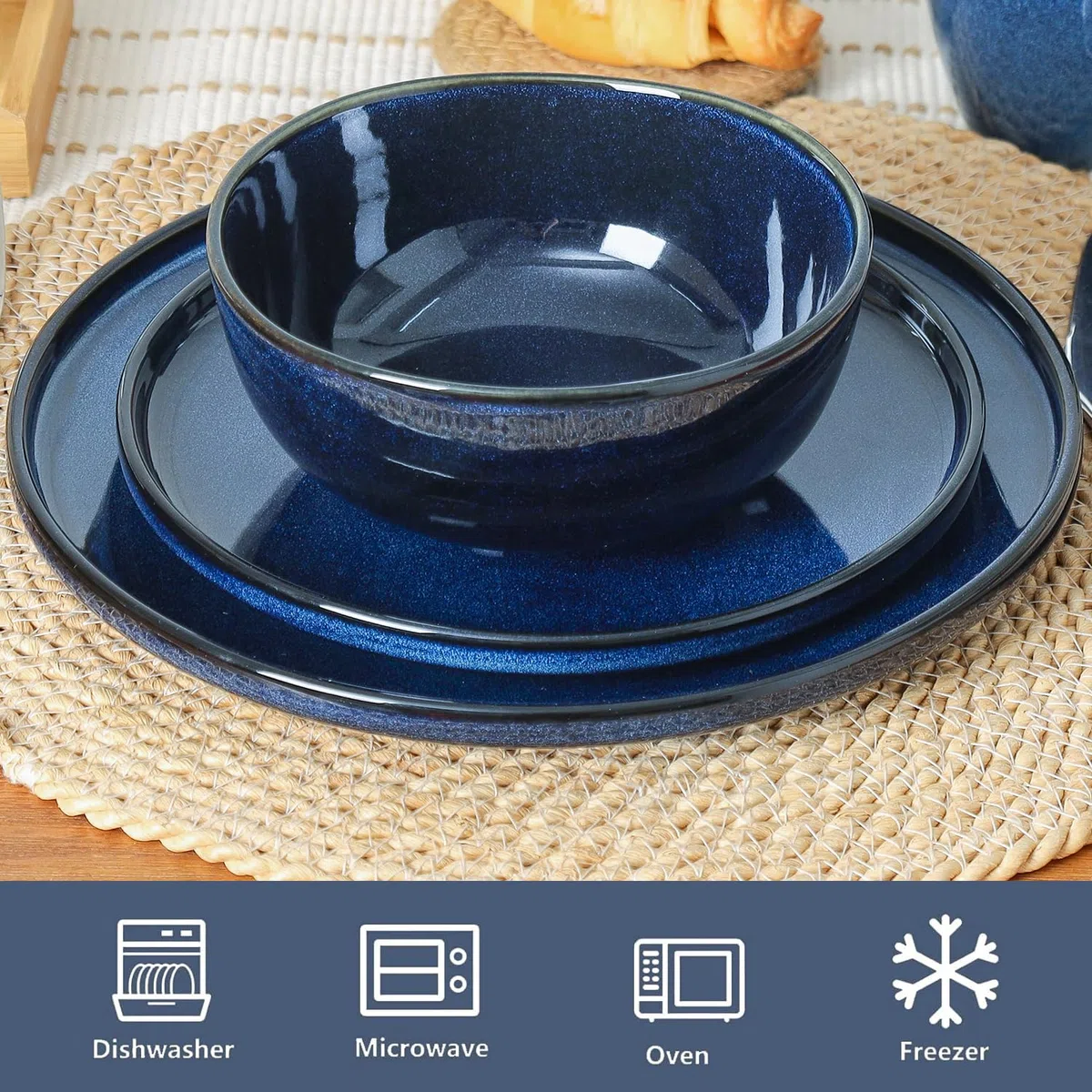 Vicrays Keramik-Geschirr-Set, 12-teilig, Speiseteller, Salatteller, Müslischalen, Set für 4 Personen, kratzfest, mikrowellengeeignet, spülmaschinenfest, Blau