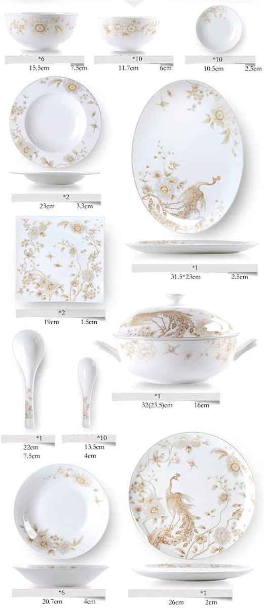 Geschirrset für Zuhause oder besondere Restaurants, 50-teiliges Porzellangeschirr-Set in Weiß & Gold Tischplatten Bone White Porzellan Rundgeschirr-Sammlungsservice für 10