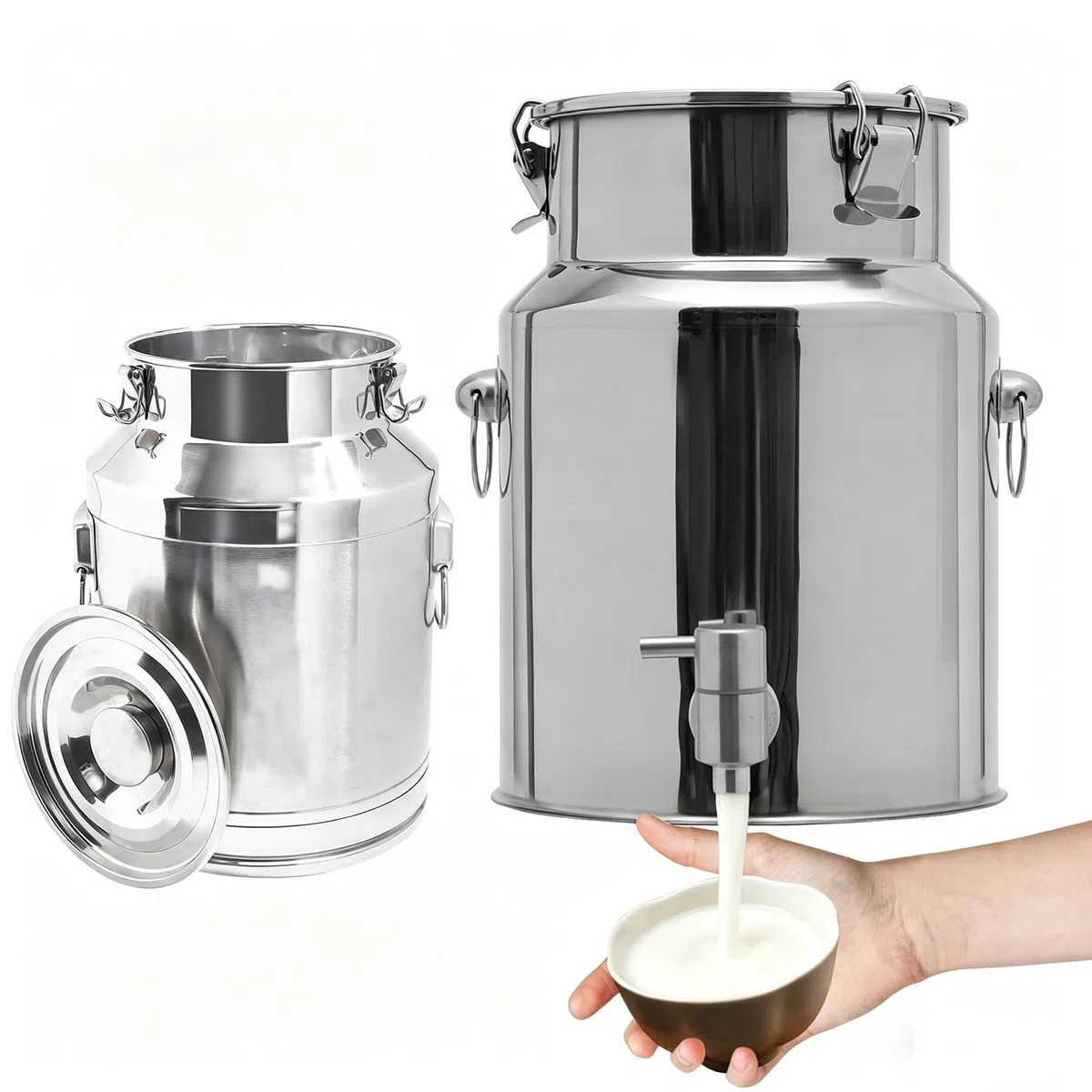 10/20/30/40/60L Luftdichte Edelstahl Milchkanne mit Deckel Hahn für Flüssigkeit Feststoffe Bauernhof Milcheimer Transportkanne, Küche Behälter Lebensmittel für Wein Honig(With Spigot,64L/16.91Gal)