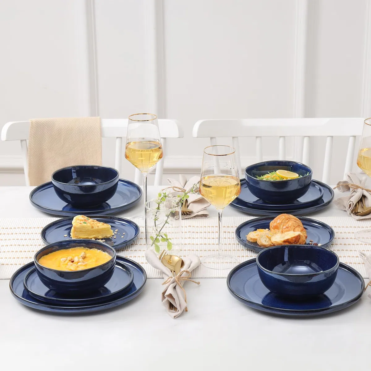 Vicrays Keramik-Geschirr-Set, 12-teilig, Speiseteller, Salatteller, Müslischalen, Set für 4 Personen, kratzfest, mikrowellengeeignet, spülmaschinenfest, Blau
