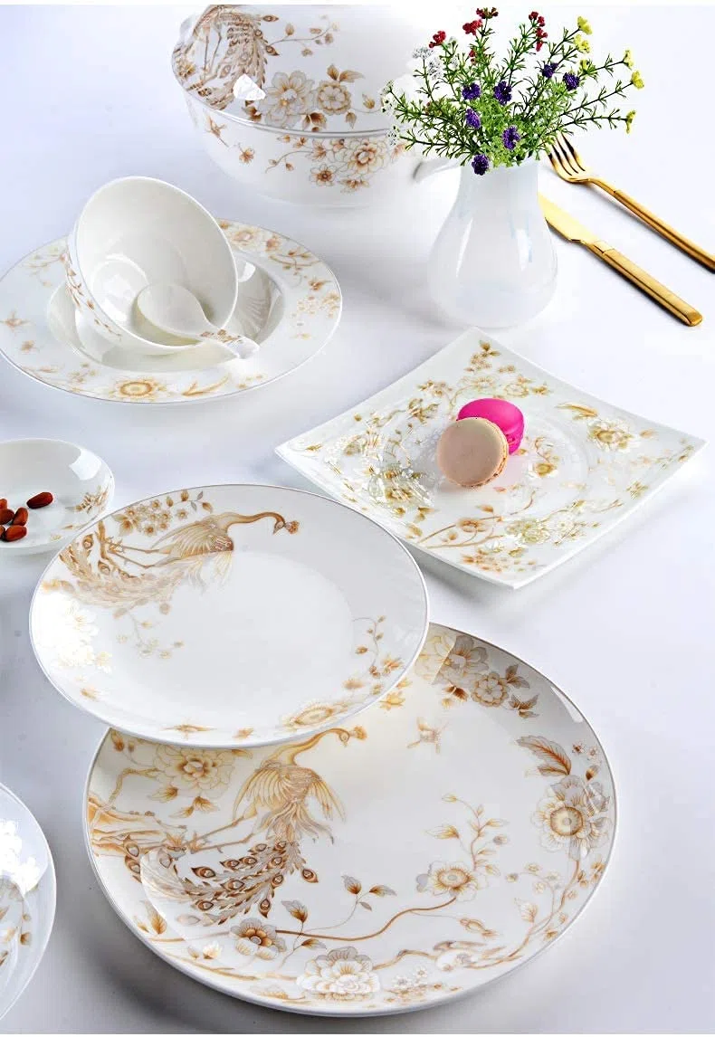 Geschirrset für Zuhause oder besondere Restaurants, 50-teiliges Porzellangeschirr-Set in Weiß & Gold Tischplatten Bone White Porzellan Rundgeschirr-Sammlungsservice für 10