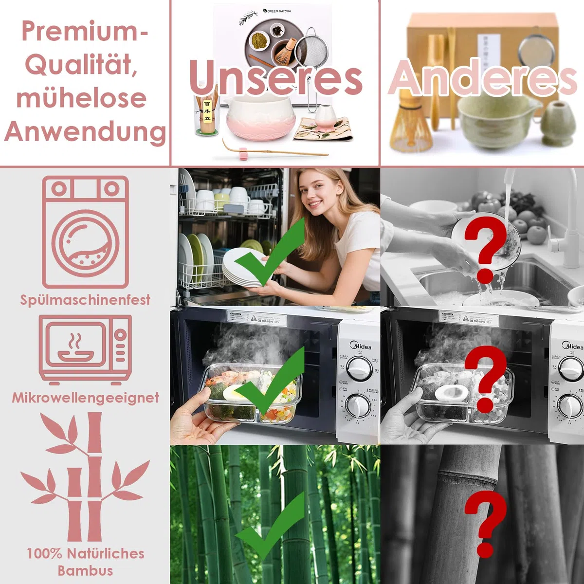 Matcha Set, 7-teiliges Traditionelles Matchas Set mit Matcha Schale, Besen, Löffel & Sieb, Matcha Set Rosa für Matcha Latte, Milchkaffee & Japanische Teezeremonie, Hochwertiges Zubehörset