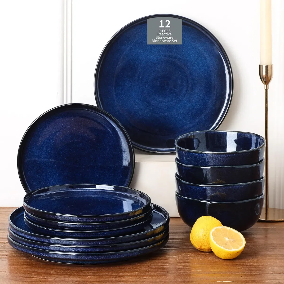 Vicrays Keramik-Geschirr-Set, 12-teilig, Speiseteller, Salatteller, Müslischalen, Set für 4 Personen, kratzfest, mikrowellengeeignet, spülmaschinenfest, Blau