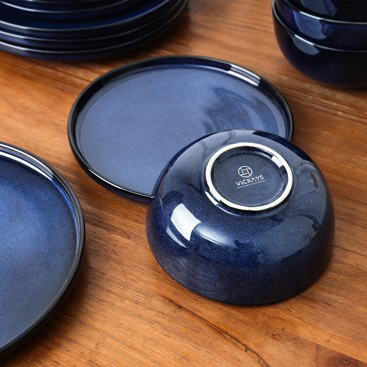 Vicrays Keramik-Geschirr-Set, 12-teilig, Speiseteller, Salatteller, Müslischalen, Set für 4 Personen, kratzfest, mikrowellengeeignet, spülmaschinenfest, Blau