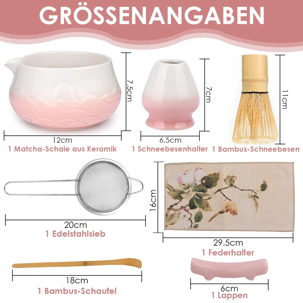 Matcha Set, 7-teiliges Traditionelles Matchas Set mit Matcha Schale, Besen, Löffel & Sieb, Matcha Set Rosa für Matcha Latte, Milchkaffee & Japanische Teezeremonie, Hochwertiges Zubehörset