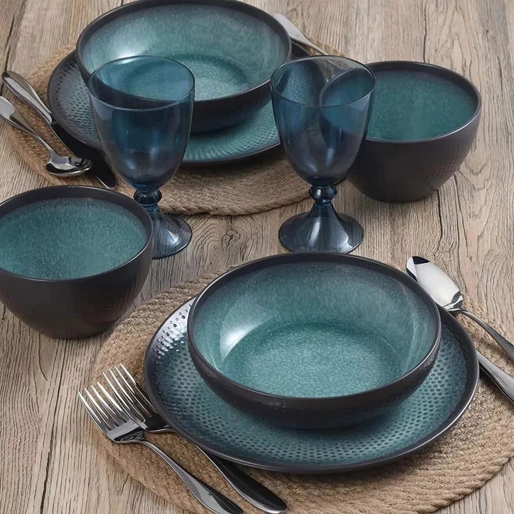 12-teiliges Geschirrset Steingut Teller Dessertteller Schüssel Becher Set Speiseteller Set