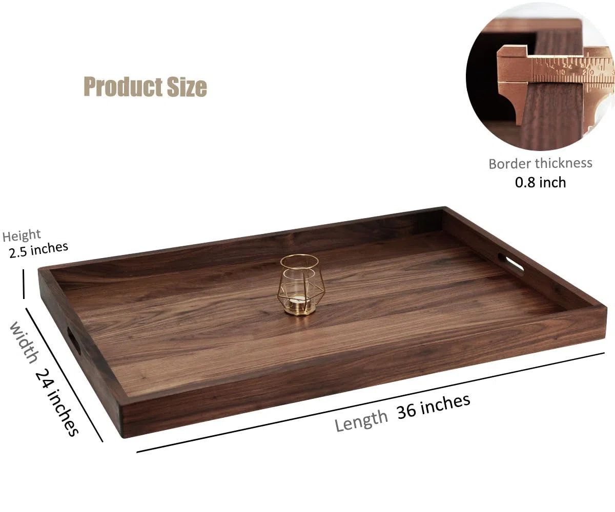 91,4 x 61 cm extra großes rechteckiges schwarzes Walnussholz Ottoman-Tablett mit Griffen, zum Servieren von Tee, Kaffee, klassisches dekoratives Serviertablett aus Holz