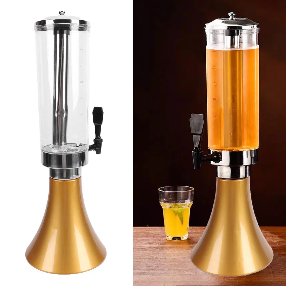 Luocute 3L-Bierspender, Transparenter Kunststoff-Getränketurm mit Edelstahl-Eissäule und Zwei Lichtern, Getränketurm-Spender für Partys für Bar-Partys zu Hause