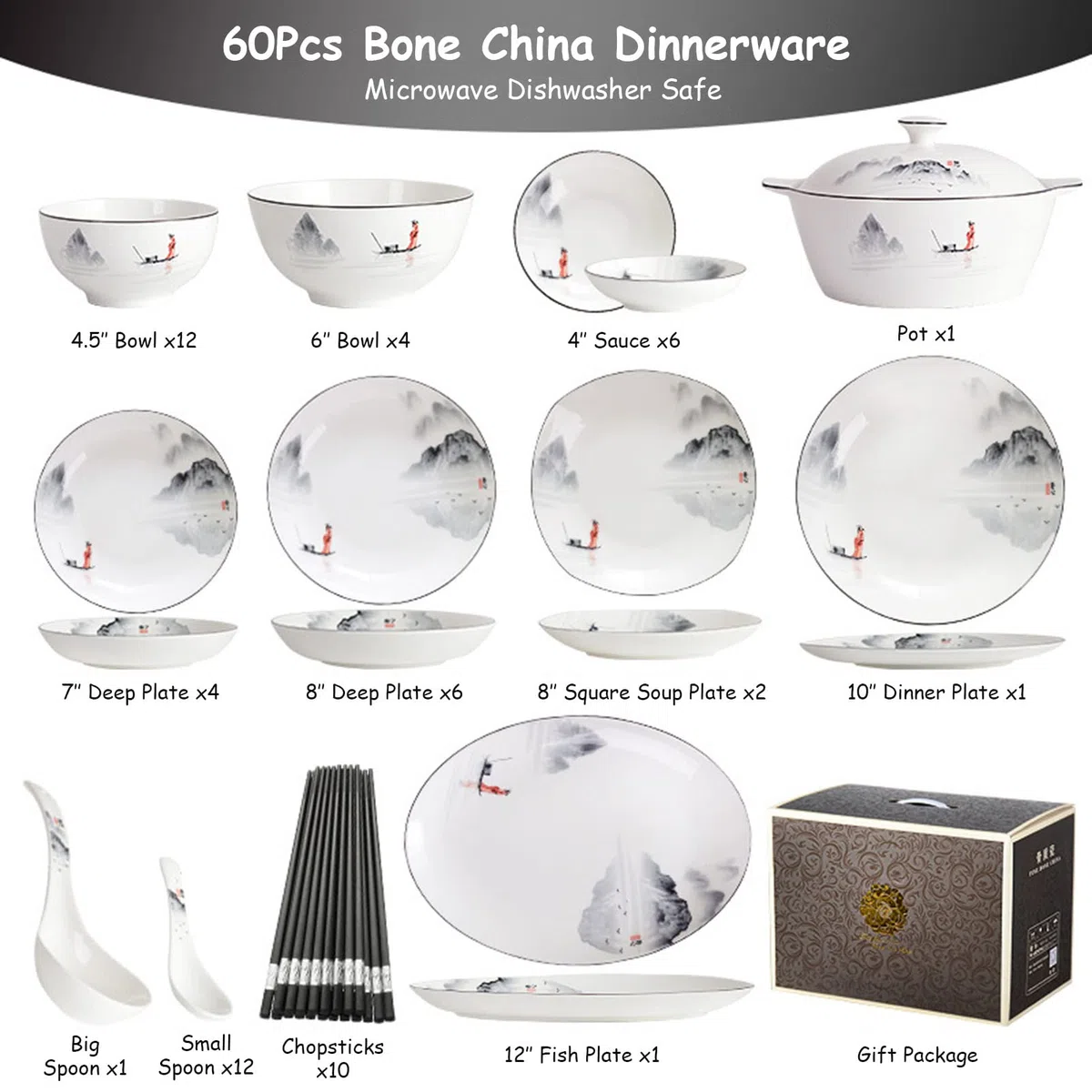 60-Teiliges Geschirrset, Neues Bone China Geschirrset, Porzellan-Geschirrset, Kombi-Set Mit Tellern, Schüsseln, Löffeln Und Suppentopf, Feines Porzellan-Geschirr