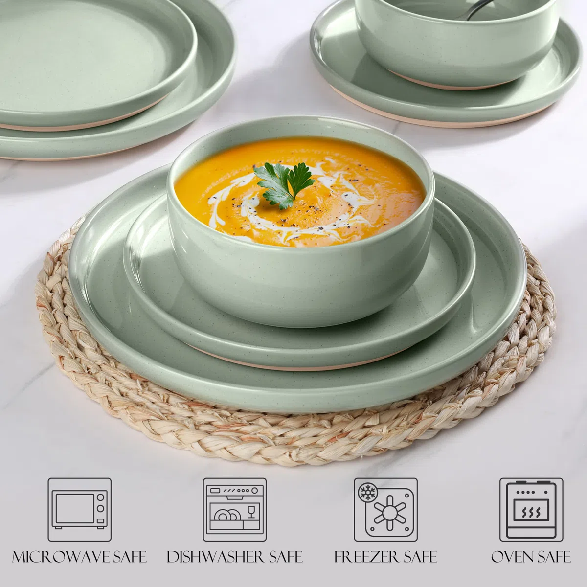 LIANYU Teller und Schüssel-Sets für 8, 24-teiliges Porzellan-Geschirr-Set, Porzellangeschirr für Mikrowelle, Geschirrspüler, Backofen, Hochtemperaturbeständig, Nebelgrün