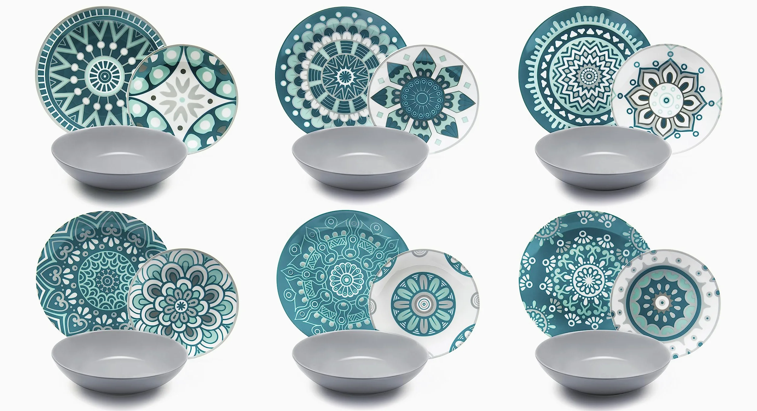 Excelsa Mandala, Tellerservice, 18-teilig, Porzellan, Hellblau/Grau