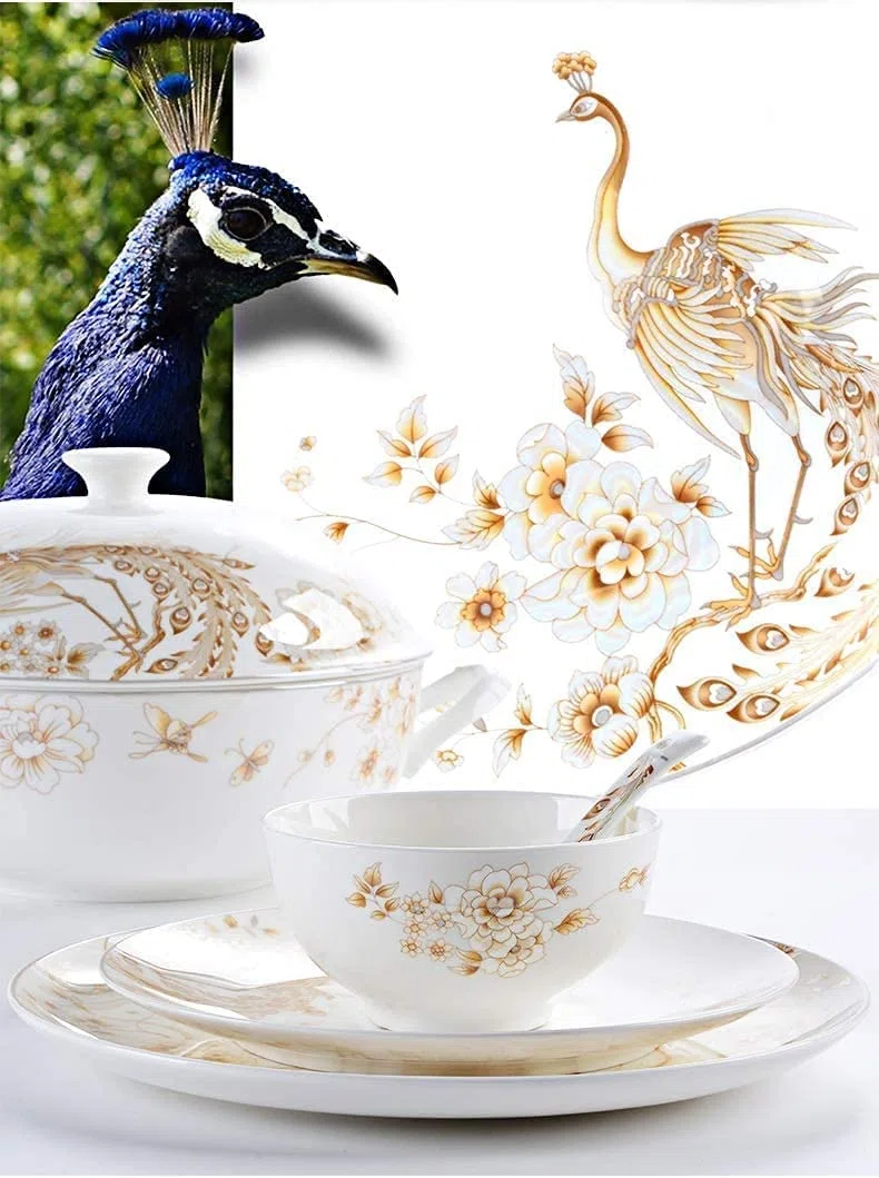 Geschirr-Set, luxuriöses Tafelservice-Set für die ganze Familie, 50-teiliges Tafelservice aus weißem und goldenem Knochenporzellan, Tischplatten aus knochenweißem Porzellan, rundes Tafelservice für 1
