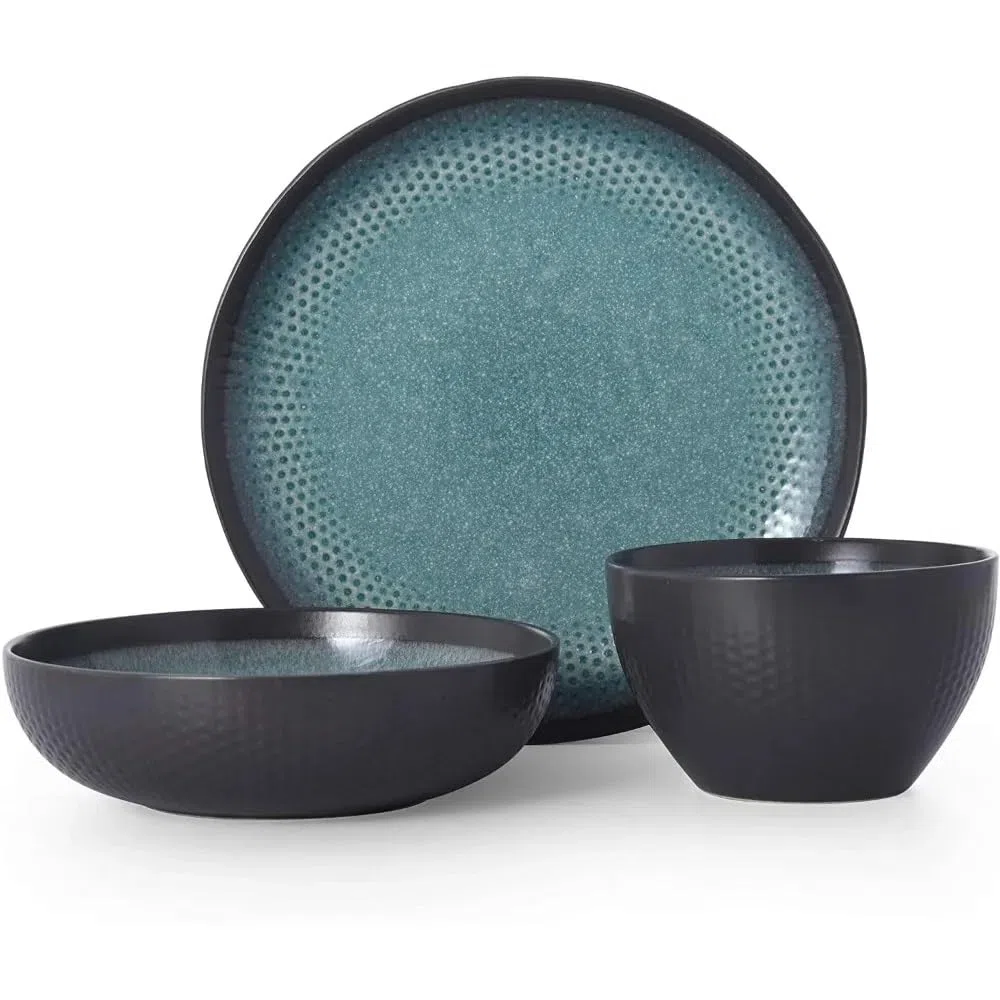 12-teiliges Geschirrset Steingut Teller Dessertteller Schüssel Becher Set Speiseteller Set