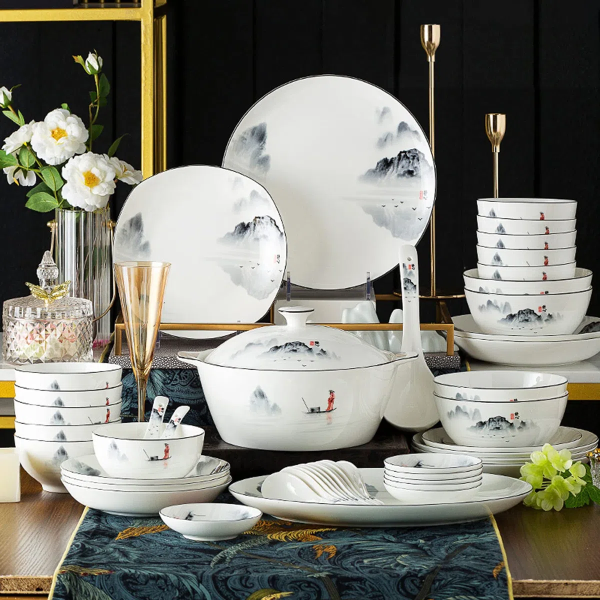 60-Teiliges Geschirrset, Neues Bone China Geschirrset, Porzellan-Geschirrset, Kombi-Set Mit Tellern, Schüsseln, Löffeln Und Suppentopf, Feines Porzellan-Geschirr