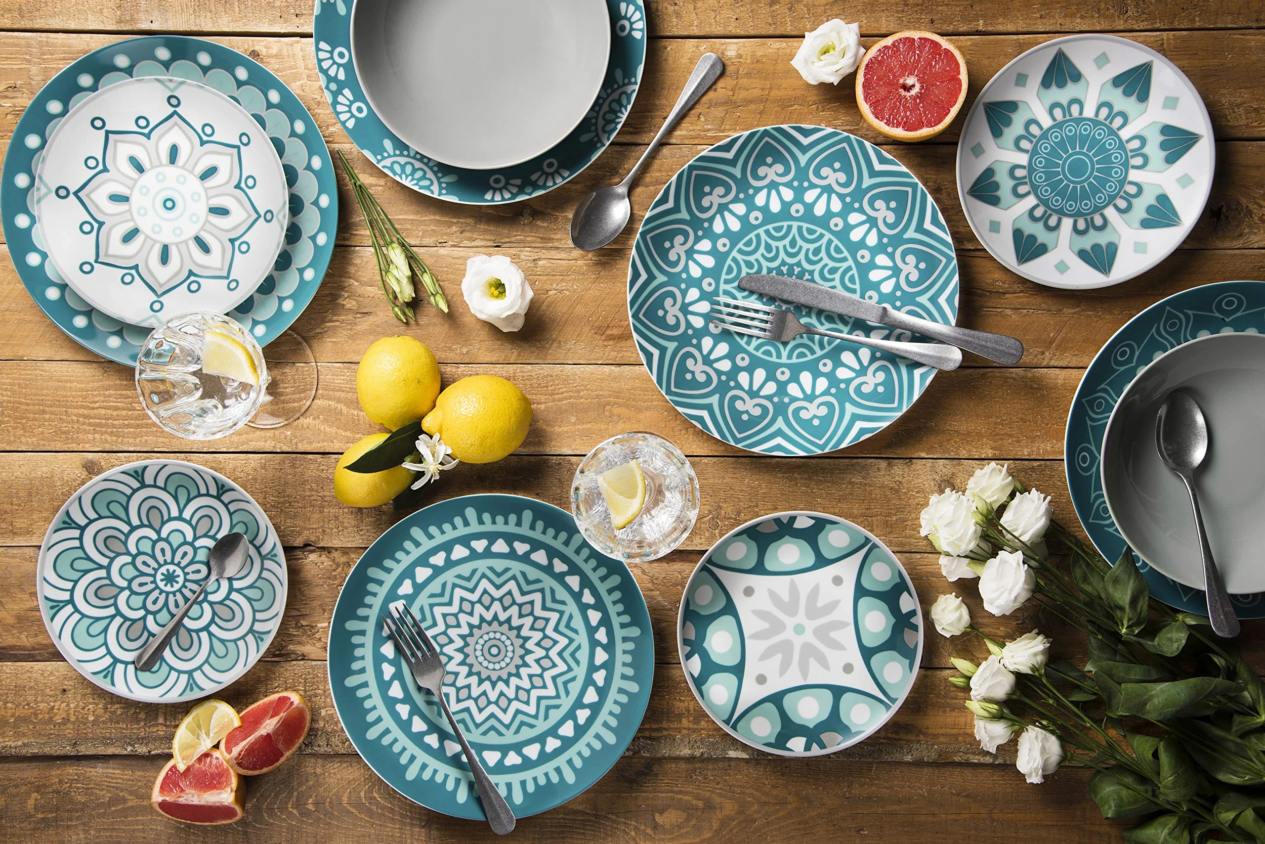 Excelsa Mandala, Tellerservice, 18-teilig, Porzellan, Hellblau/Grau