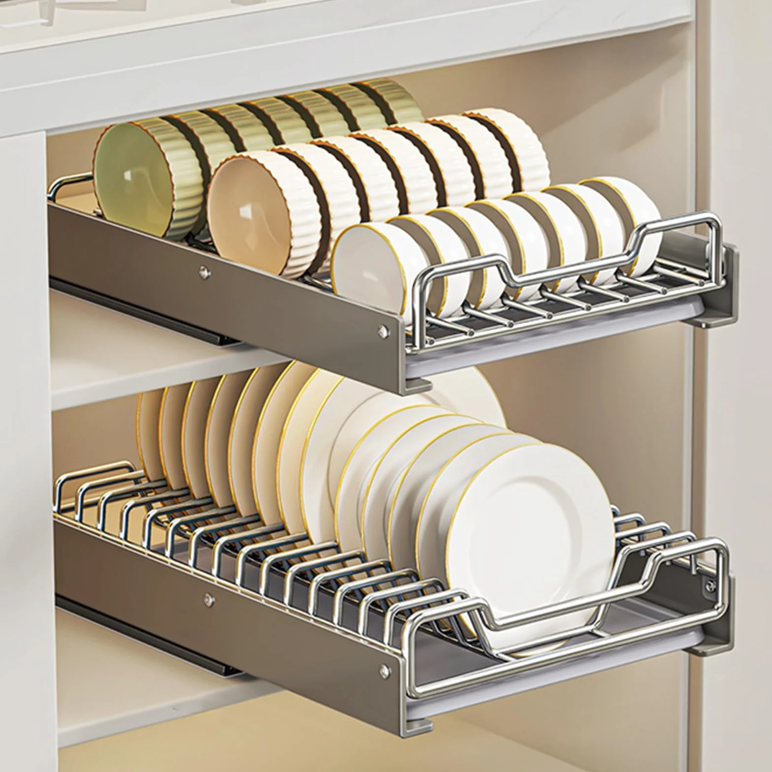 Nizer Küchenschrank aus Edelstahl + Schüsselregal mit Abtropfschale, ausziehbare Schubladen für Nization und Aufbewahrung, 13-Loch-Tellerhalter und 21-Loch-Schüsselhalter, Grau