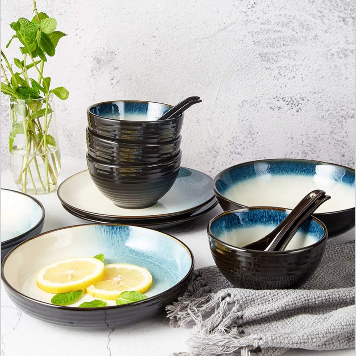 Haushaltsgeschirr-Set, einfache Keramik-Essteller, 5er-Set, langlebiges Keramik-Geschirr-Set, Teller, Schüsseln, Snackteller, Löffel