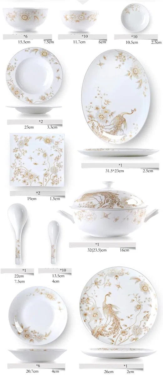 Geschirr-Set, luxuriöses Tafelservice-Set für die ganze Familie, 50-teiliges Tafelservice aus weißem und goldenem Knochenporzellan, Tischplatten aus knochenweißem Porzellan, rundes Tafelservice für 1